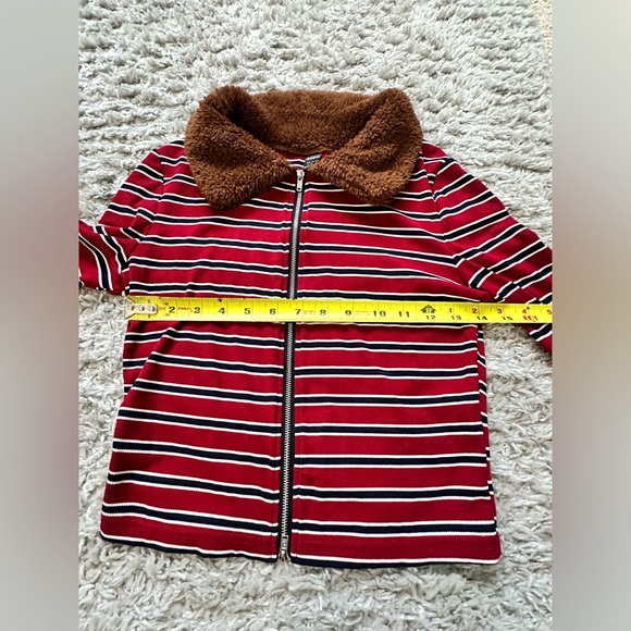 Womens Small Striped Print Zip Up T-Shirt red black white - Picture 6 of 12